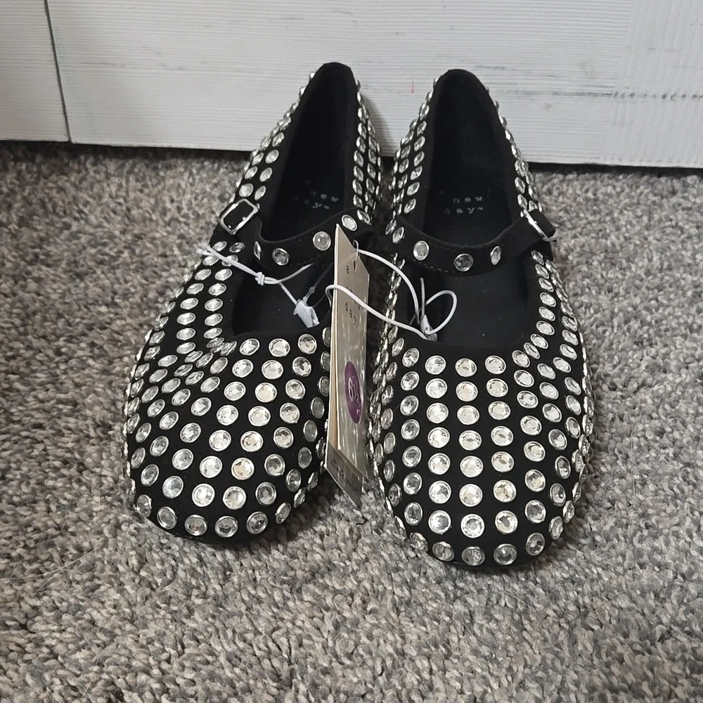 Black Rhinestone Studded Mary Jane Ballet Flats Style Shoes, Size 6.5, NEW W/Tag - Picture 3 of 15